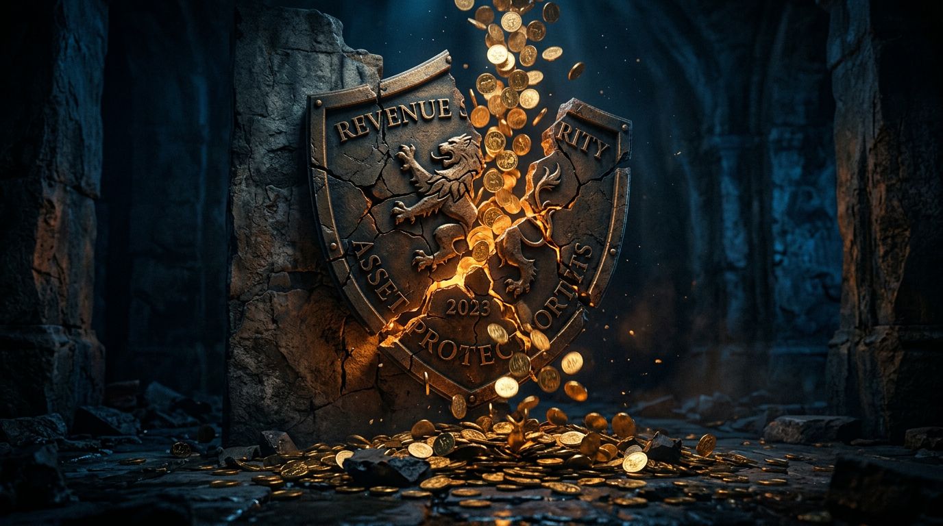 Gold coins falling through cracks in a security shield, representing revenue loss