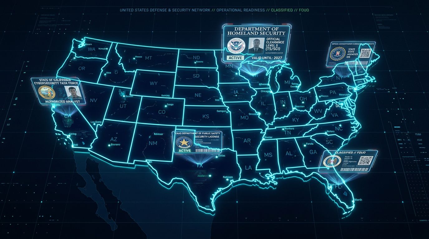 US map with glowing state boundaries and security license badges